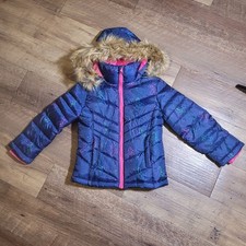So Girls Size 4/5 Puffer Jacket Lined Hooded Coat Faux Fur Full Zip Blue EUC 