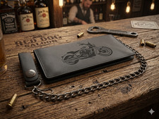 Motorcycle Genuine Leather Biker Long Wallet With Chain Black Bi-Fold 7" Wallet