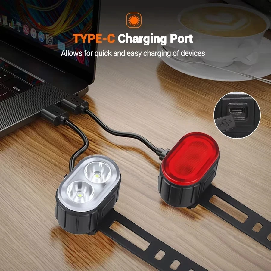 2x Mountain Bike Lights USB Rechargeable Bicycle LED Torch Front Rear + Lamp Set