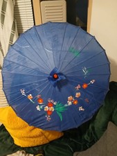 Japanese Handmade Blue Parasol with Traditional Floral Design and Wooden Handle