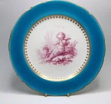 ANTIQUE MINTON CABINET PLATE PINK CHERUB TURQUOISE BORDER 9"  c1882