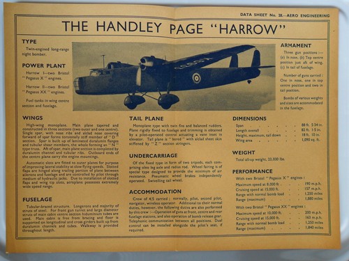 HANDLEY PAGE HARROW HP WW II RAF AIRCRAFT OLD DATA CHART 1933 BRISTOL ENGINE WW2 - Zdjęcie 1 z 1