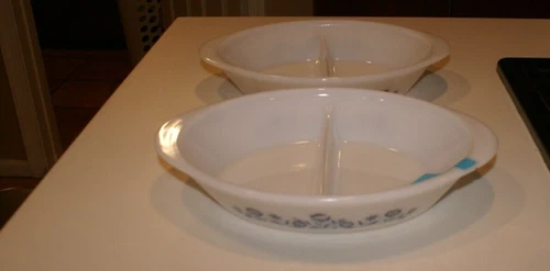 LOT OF 2 Pyrex Vintage Milk Glass Blue Flowers Oval Divided Vegetable Bowl Dish