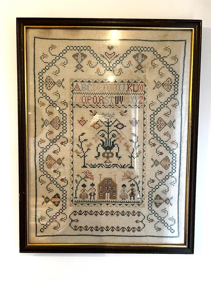 Aguja Paragon enmarcada artesanía amistad muestrador lino punto de cruz colonial 1975 Foto 2 de 4