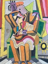 Very beautiful gouache painting women Cubist couple 1986 Art Brut to identify