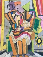Very Pretty Painting Gouache Woman Couple Cubist 1986 Art Raw to Identify