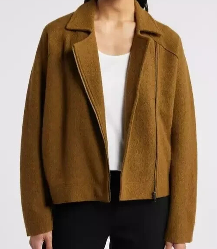 EILEEN FISHER Lightweight Boiled Wool Motorcycle Jacket GOLD LEAF Size L NWT - Picture 4 of 12