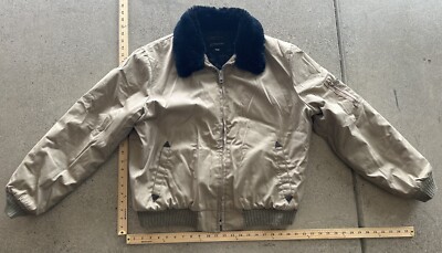 Vintage JCPenney Quilt Lined Faux Fur Collar Tan Aviator Bomber Jacket  Size XL