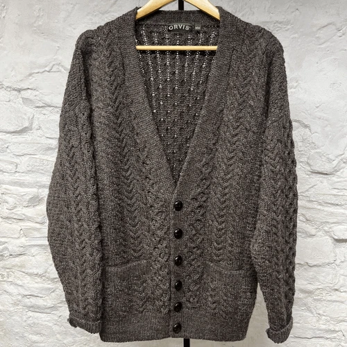 Orvis 100% Wool Chunky Cable Knit Cardigan Sweater Made in Ireland Grandpa