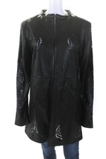 In Transit Womens Laser Cut Long Hook & Eye Leather Jacket Black Size Large
