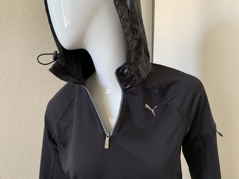 PUMA Women's Black 1/4 Zip Long Sleeve Stretch Pullover Top w/ Nylon Hood Sz XS - Image 2 of 4