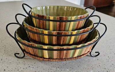 TEMP-TATIONS PRESENTABLE OVENWARE OVAL BAKERS WITH TRIVETS & RACKS Green Stripes