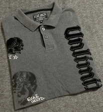 Rare Vtg Ecko Unlimited Mens Gray Velvet Leather Like Skull Patch Logo Polo Xxl