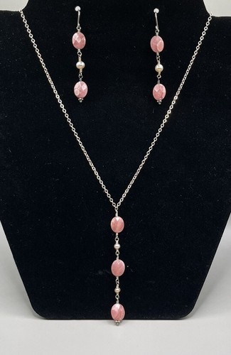 Handmade Sterling Silver Rhodochrosite Bead & FW Pearl Necklace & Wire Earrings - Picture 3 of 7
