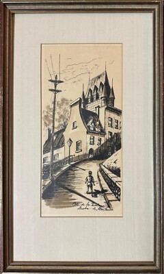 Original Ink Drawing   ''Côte de la Montagne - Québec'' by C.R. de Guise   Framed 