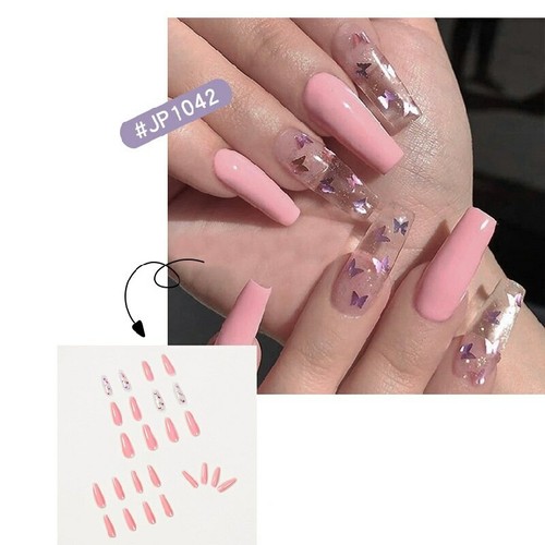 Pink Laser Butterfly Press On Nail Coffin Fake Artificial Nails Tips With Design Ebay