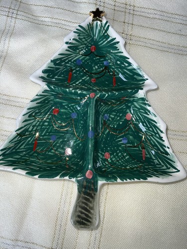 Vintage 50s Hand Painted Italy Christmas Tree Serving Dish 22/316 10 x 8.5 - Picture 2 of 9