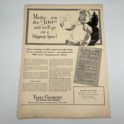 Vanta Infant Garments Contest 1939 Vintage Print Ad 10''x14'' illustrated baby