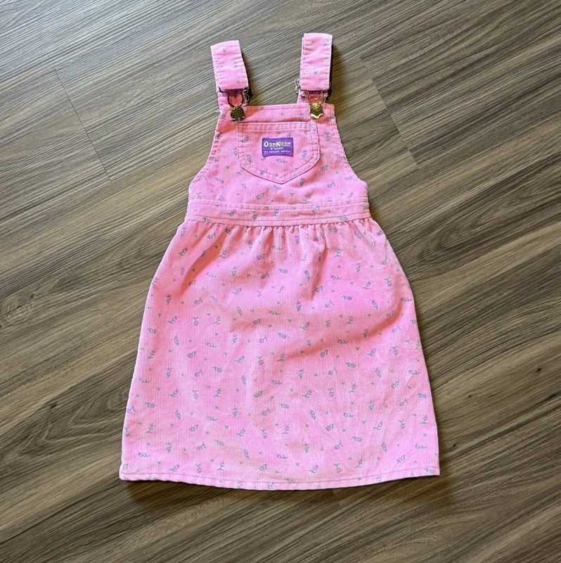 Vintage Oshkosh B’Gosh Paper Tag USA Pink Corduroy Flowers Overalls Dress Kids 6