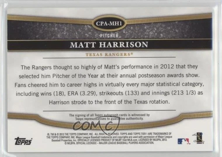 2013 Topps Tier One Crowd-Pleaser Auto /299 Matt Harrison #CPA-MH1 Auto - Image 2 of 2