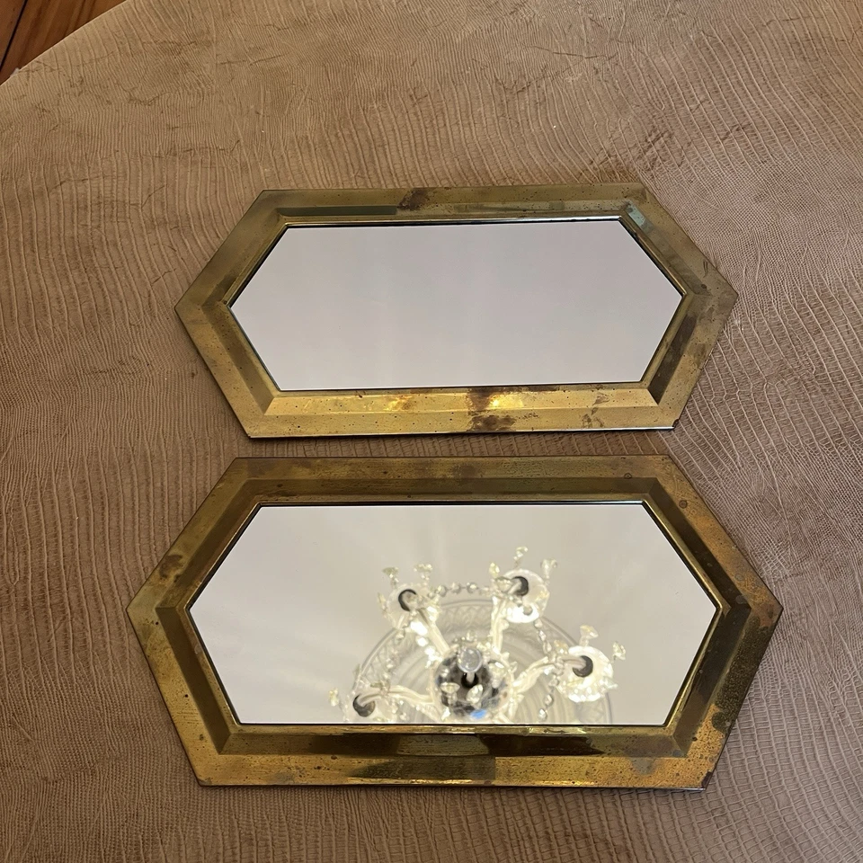 Pair Wall Mirror Brass Patina Hexagon, 2 Hexagonal, Vintage 14x7”, Small Decor - Image 3 of 4
