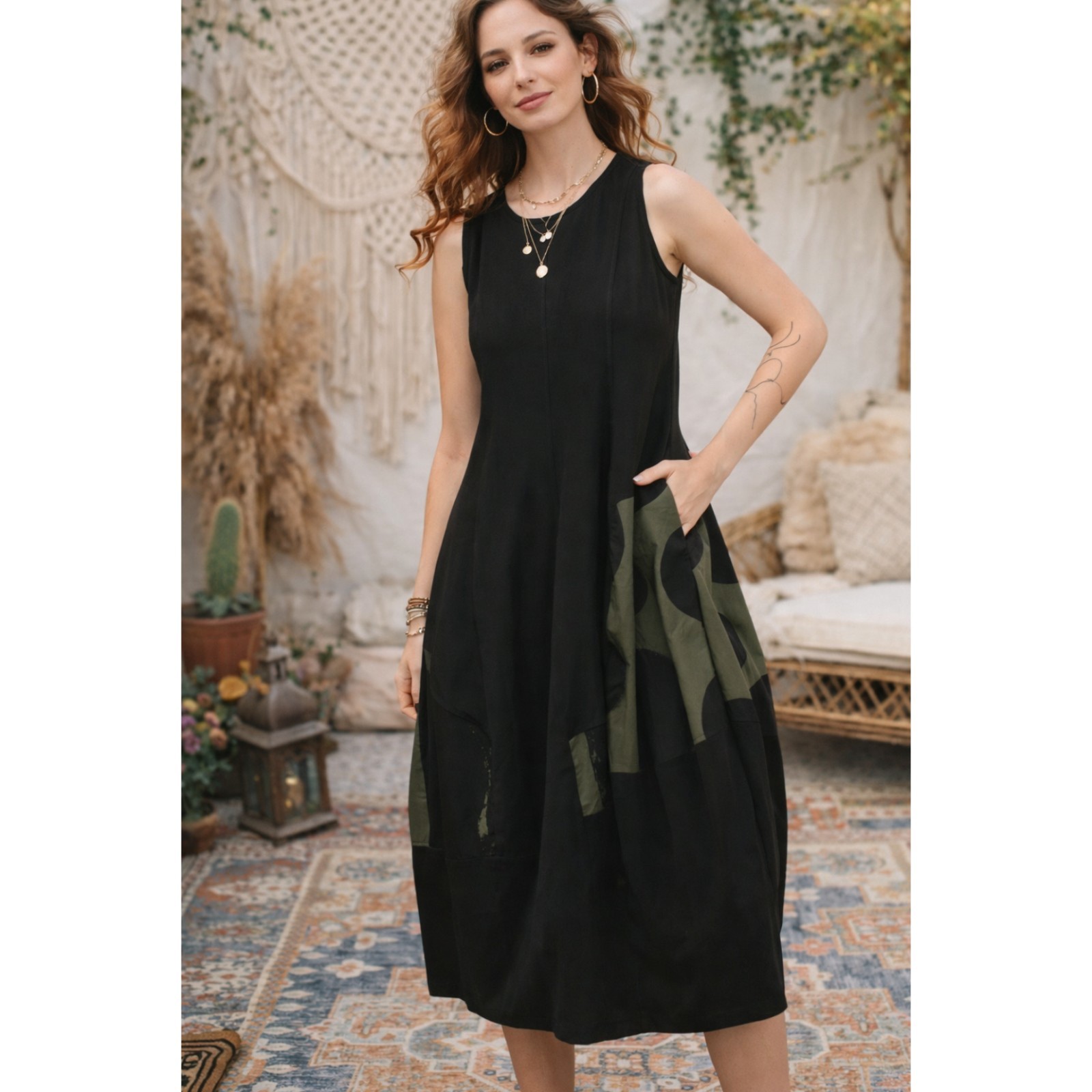 Alembika Sleeveless Cocoon Midi Dress Baggy Size 3/10-12 US Boho Chic Coachella