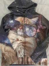 Kids Space Galaxy Kitten Cat Glasses All Over Graphic Print zippered Hoodie