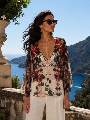 Roberto Cavalli Seiden Tunika Designer Bluse 38/M Floral Print Butterfly Sleeve