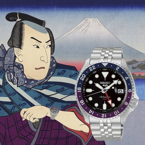 Seiko 5 Sports GMT Blue Purple Bezel Automatic Men's Watch SBSC021 - Picture 2 of 2