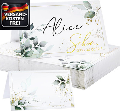 Tischkarten Hochzeit Geburtstag Kommunion - elegantes Grünblatt-Design mit golds