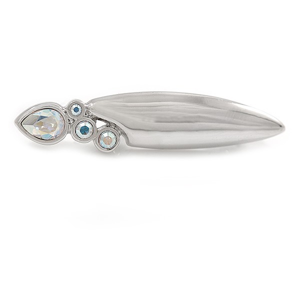 Small Stylish Cz Bar Brooch In Polished Silver Tone Metal - 40mm L