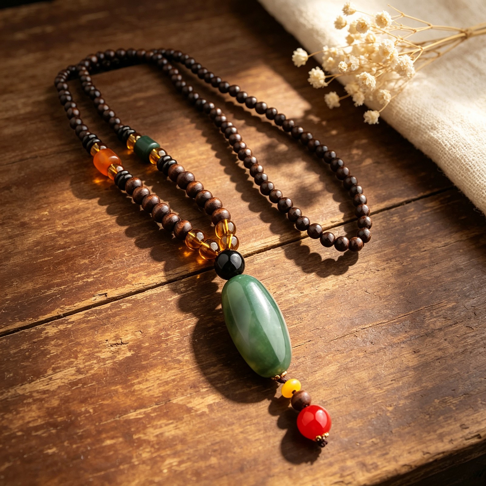 Handmade Boho Long Necklace Wood Beads Green Jade Pendant Ethnic Women Jewelry