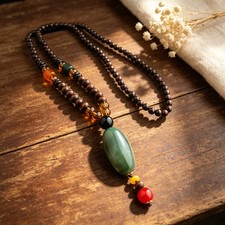 Handmade Boho Long Necklace Wood Beads Green Jade Pendant Ethnic Women Jewelry