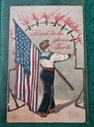 Glorious 4th of July Flag Sailor Boy w/ Fireworks Patriotic Postcard  — photo 1