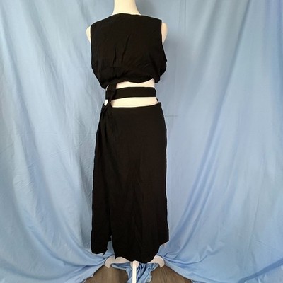 Commense Criss Cross Cut Out Slit Midi Dress Womens S Black Cotton Keyhole Back