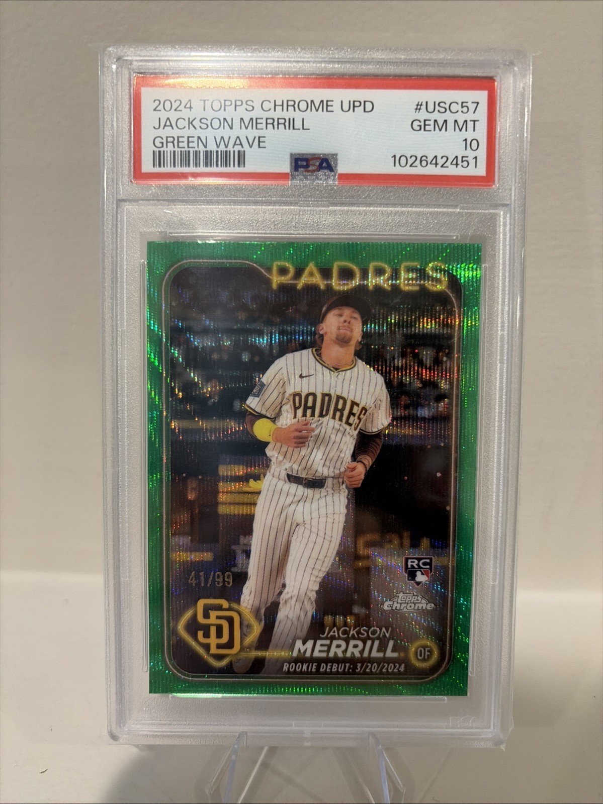 2024 Topps Chrome - Jackson Merrill #207 Green Wave Refractor /99 (RC) PSA 10