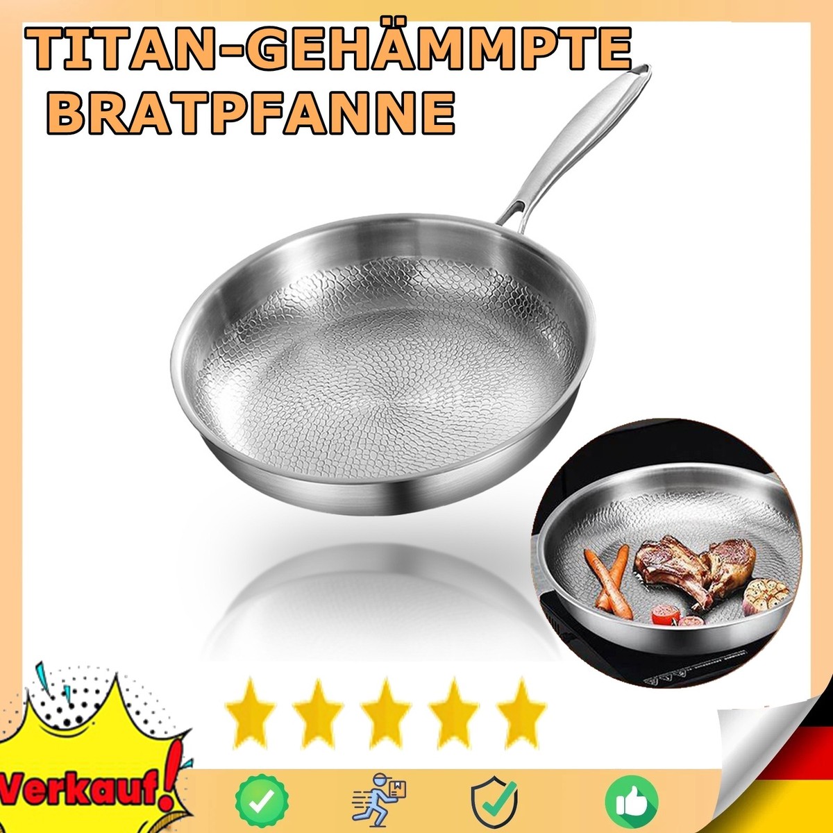 Neue Reintitan-Pfanne, 100% Titan Pfannen zum Kochen Antihaft, Edelstahl