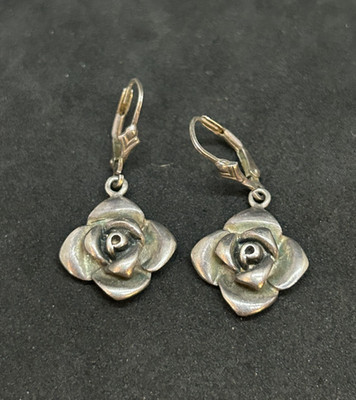 925 Sterling Flower Dangle Drope Earrings 0.5in - 5.92g