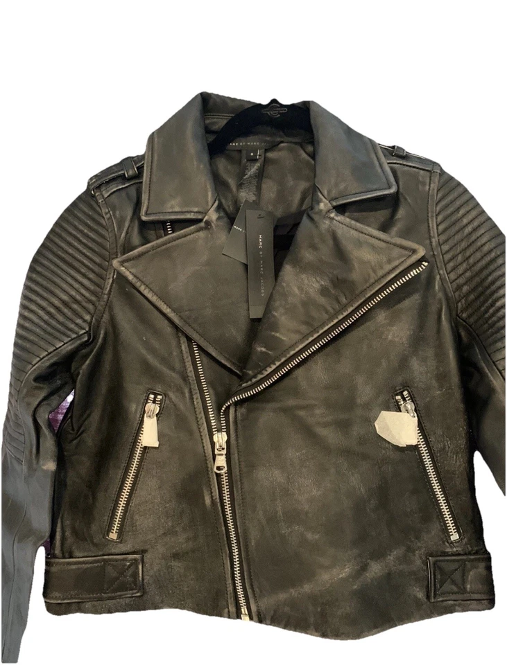 Jaqueta de motocicleta Marc Jacobs feminina de couro desgastada nova com etiquetas varejo $1198 - Imagem 3 de 4