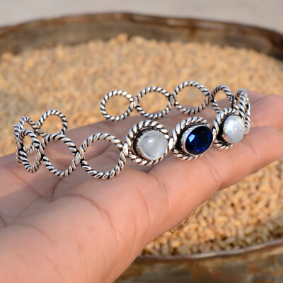 Faceted Tanzanite & Moonstone Bracelet 925 Sterling Silver Adjustable Bangle