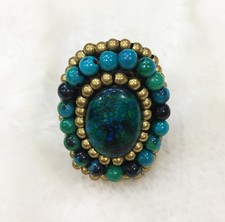 Handcraft Ring Oval Brass Beaded Macrame Swirl Chic Handmade Jewelry Green Blue