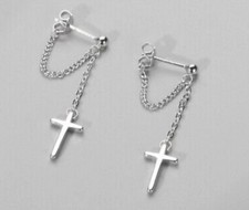 Beautiful Cross Dangle Chain Earrings 925 Sterling Silver Women's Girls Jewelry