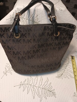 MICHAEL KORS Jet Set Signature Grab Bag Tote Black Jacquard and Leather EUC
