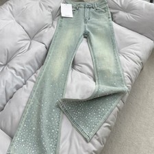 Lady High Waist Trousers Bling Crystal Jeans Rhinestone Flare Pants Stretch Slim