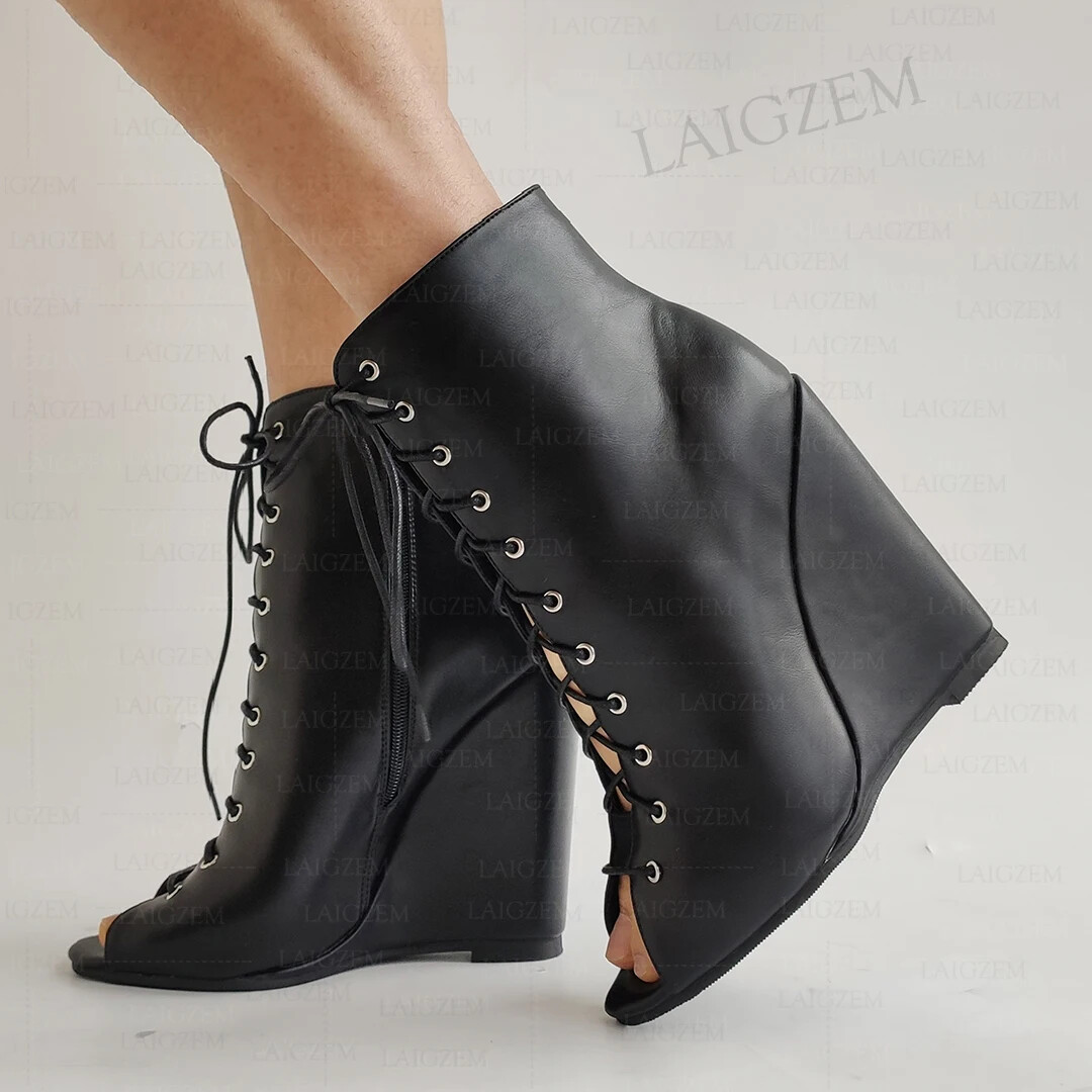Women Ankle Boots Wedges Zip Up Peep Toe Faux Leather Short Spring Summer  Bootie | eBay