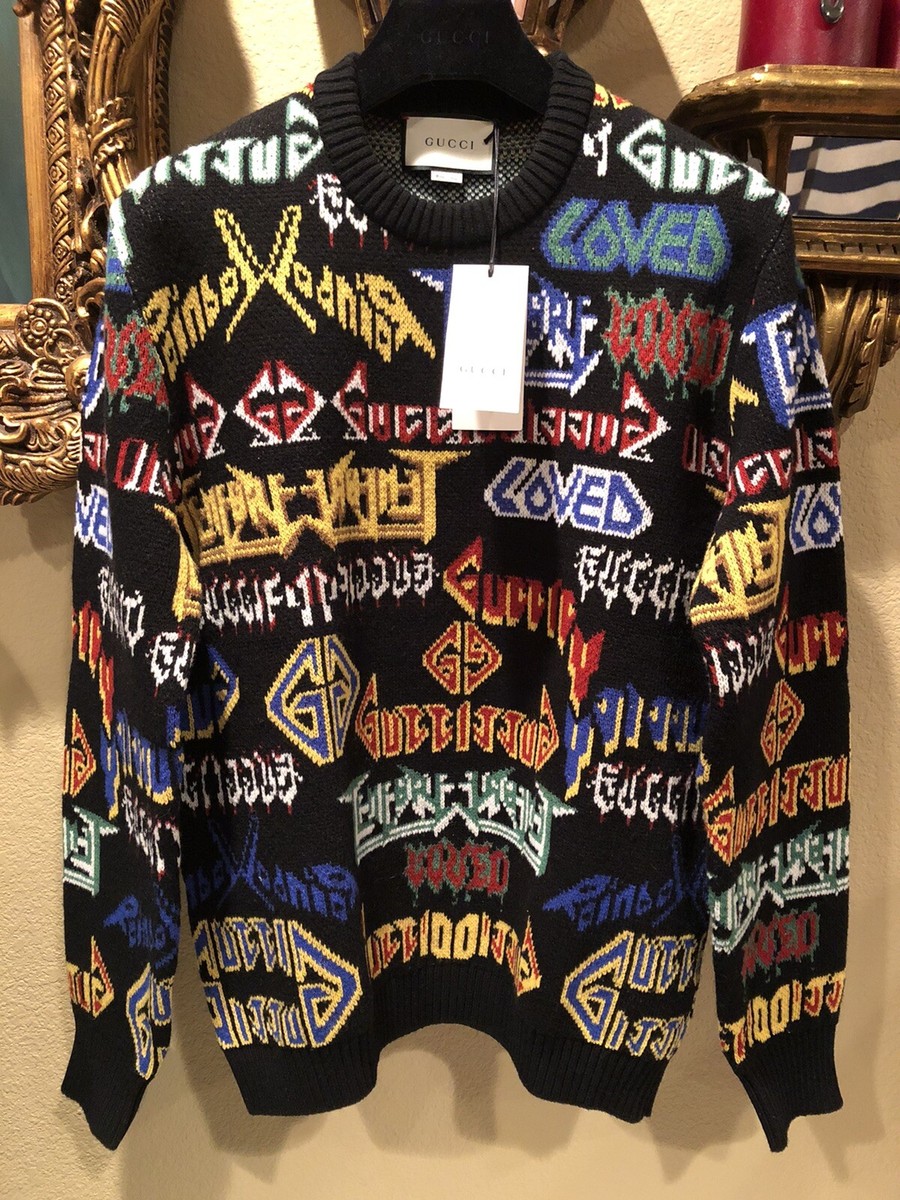 100% Authentic GUCCI Black Multicolor Jacquard Wool Sweater Size