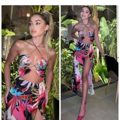 Zara Taglio Tropicale Stampa Abito Floreale Foglia Palma Schienale