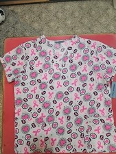 Medical Uniform Scrubs Top pink breast cancer Awareness Pockets Hearts Ribbon