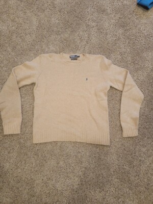 Vintage Polo Ralph Lauren Cable Knit Sweater Mens Medium XL TAN Wool Angora 