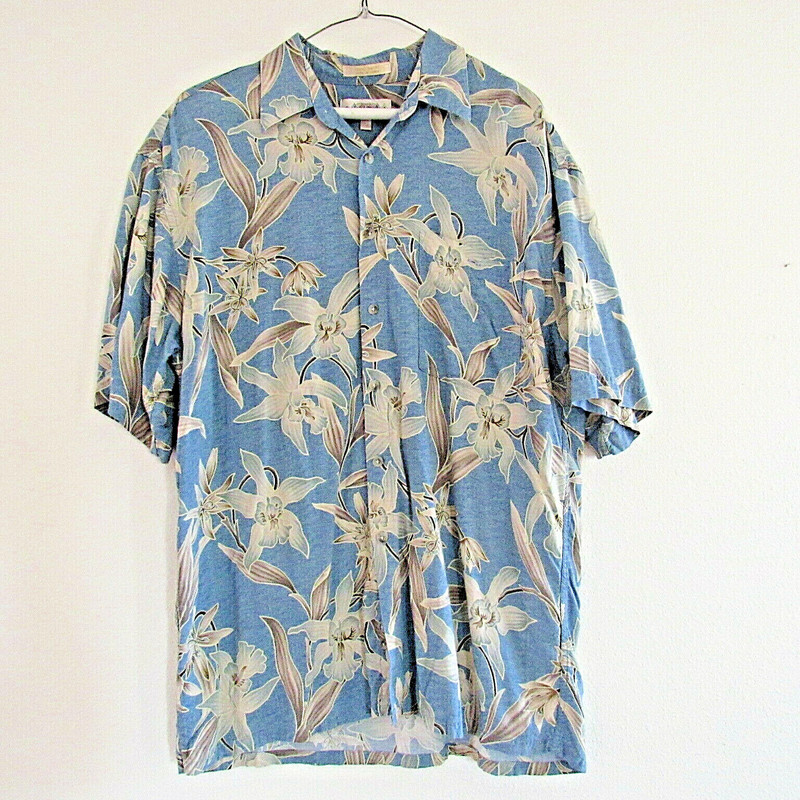 Men's Large Campia Aloha Shirt Orchids Blue, Tan 100% Rayon, soft, Ex condtn